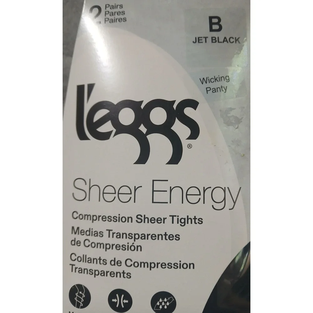 Leggs‎ Sheer Energy Compression Tights 2 Pairs Jet Black Sz B Control Top LSE120